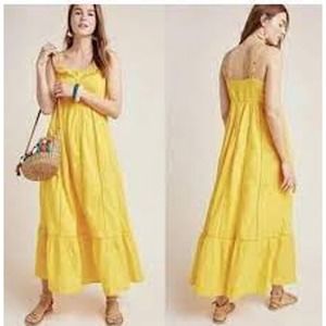 Anthropologie Maeve 8 Arcadia Maxi Dress Cotton Marigolds Yellow Tiered Smocked